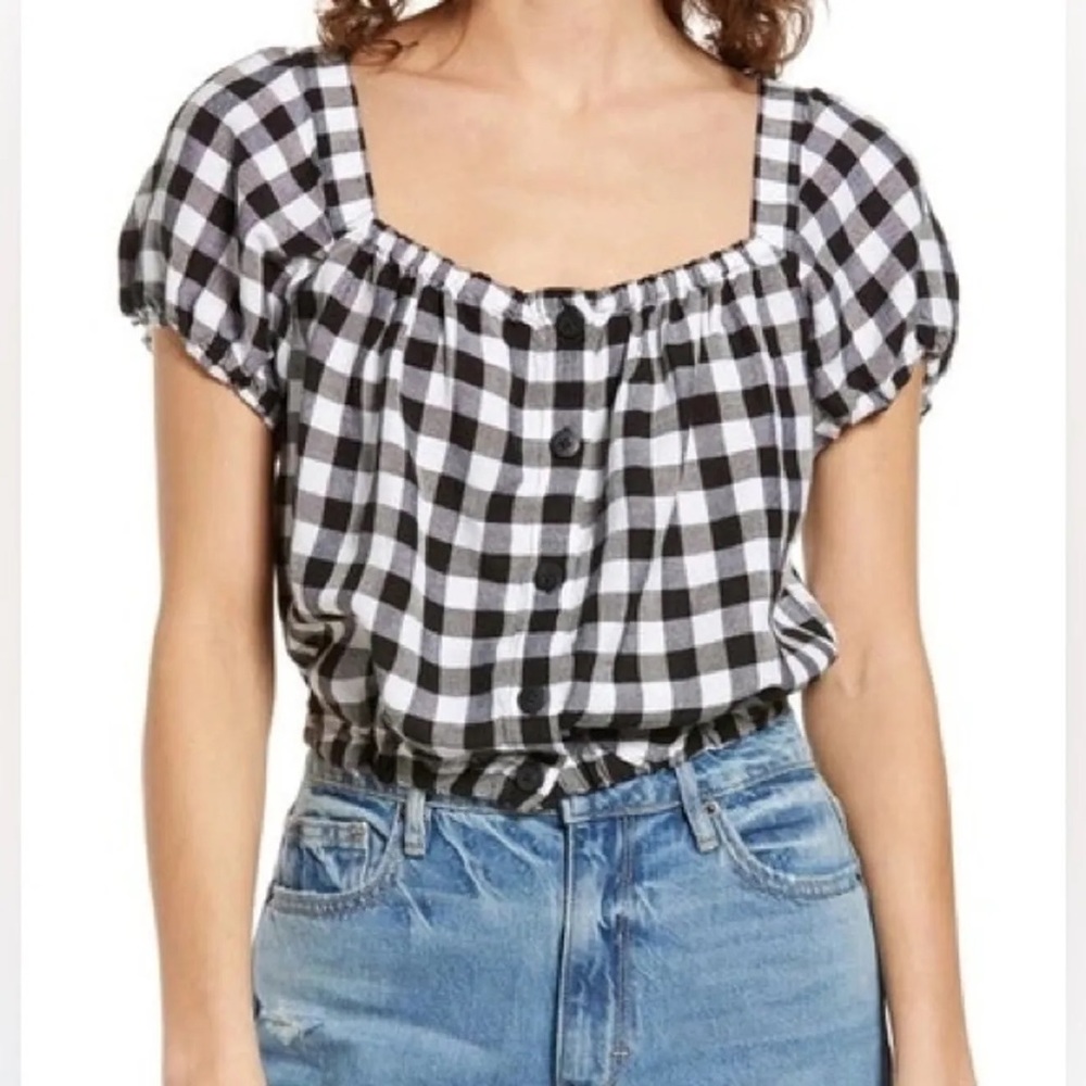 Madewell Black & White Gingham Linen Blend Puff Sleeve Croptop